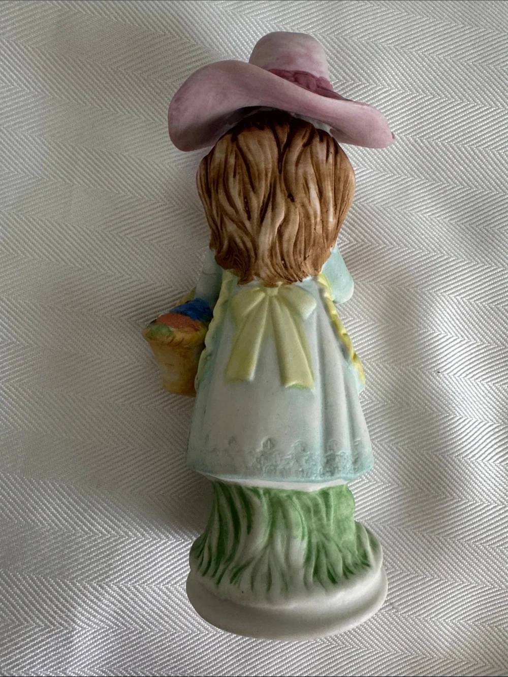 Hand-Painted Girl Figurine in Pink Hat and Yellow Apron - Unbranded